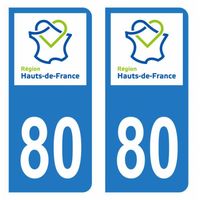 Lot 2 Autocollants Stickers plaque immatriculation voiture auto département 80 Somme Logo Région Hauts-de-France