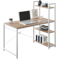WOLTU Table de bureau en Bois et acier, Bureau d'ordinateur avec étagère de Rangement 120x64x120 cm, Blanc+chêne Clair