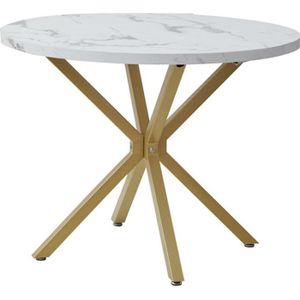 TABLE DE CUISINE  BenyLed Table ronde avec pieds robustes en forme de X, 100cm*100cm*76.5cm pour cuisine, petit espace (Plateau blanc+Pieds Or)