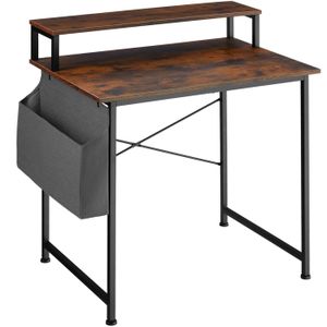 BUREAU  TECTAKE Table de bureau  EVERETT avec étagère de rangement et poche en tissu - Bois Foncé Industriel