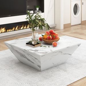 TABLE BASSE Table basse - TIMPFEE - placage trapézoïdal en marbre blanc - forme tambour moderne - 2 tiroirs