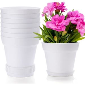 JARDINIÈRE - BAC A FLEUR Pots de fleurs en plastique TRAHOO - Lot de 8 - 16 cm - Blanc - Rond - Avec trou de drainage et soucoupe