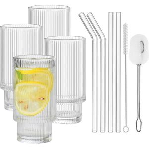 Assortiment de verres Lot De 4 Verres À Eau Nervurés Avec Pailles En Ver