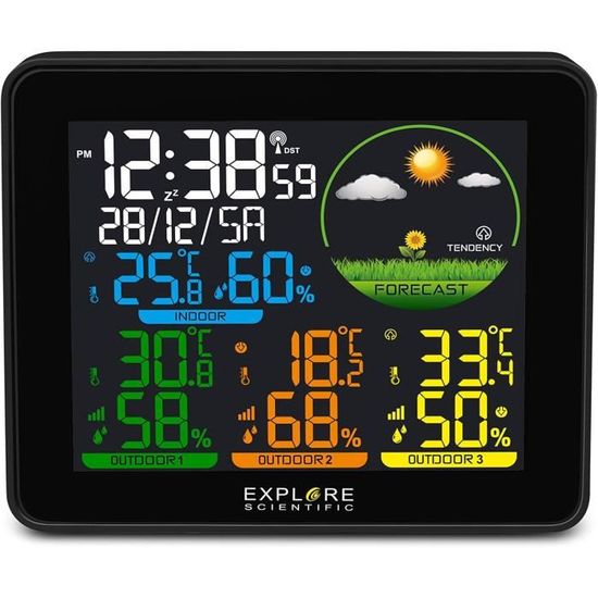 Station Météo Sans Fil avec Thermomètre et Hygromètre Intérieur et Extérieur, Écran Tactile Couleur, Alarme, Calendrier, Fonction Snooze, Rétroéclairage Réglable, et Rechargeable USB
