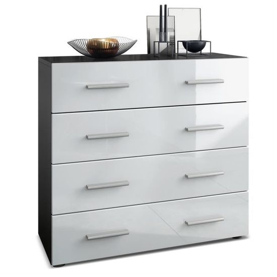 Buffet Pavos, Commode Avec 4 Tiroirs, Blanc Mat/crème Haute Brillance 76 X 72 X 35 Cm