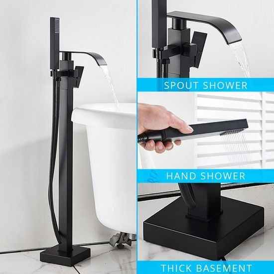 Ensemble Robinet De Baignoire Sur Pied Noir - FD - Style Contemporain - Installation Au Sol