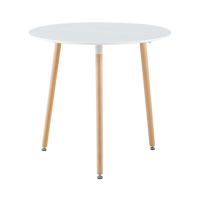 HJ Table à manger ronde de 2 à 4 personnes scandinave blanc laqué-pieds en bois hêtre massif-80 x 80cm