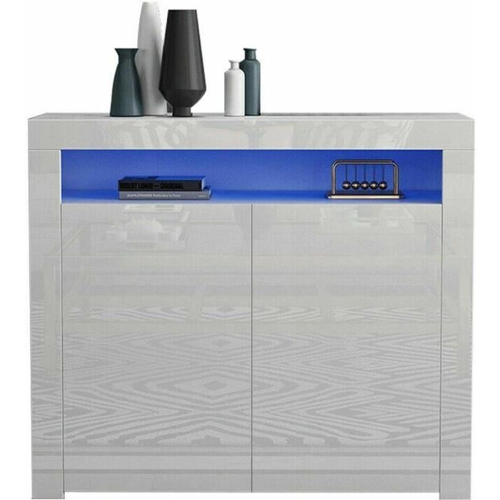 Buffet bas LED contemporain blanc laqué brillant - L 108 cm - Moderne - 2 portes