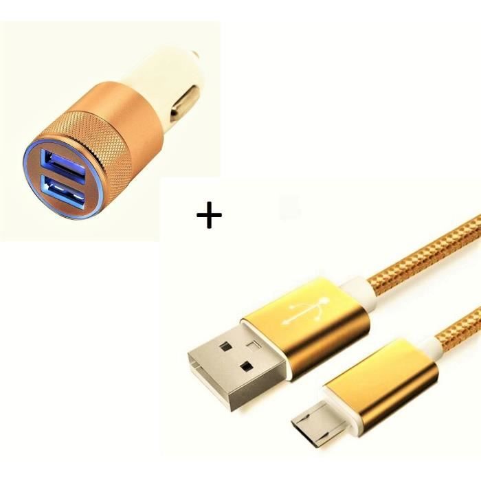 Pack Chargeur Voiture pour HUAWEI P30 lite Smartphone Micro-USB (Cable Metal Nylon + Double Adaptateur Allume Cigare) (OR)