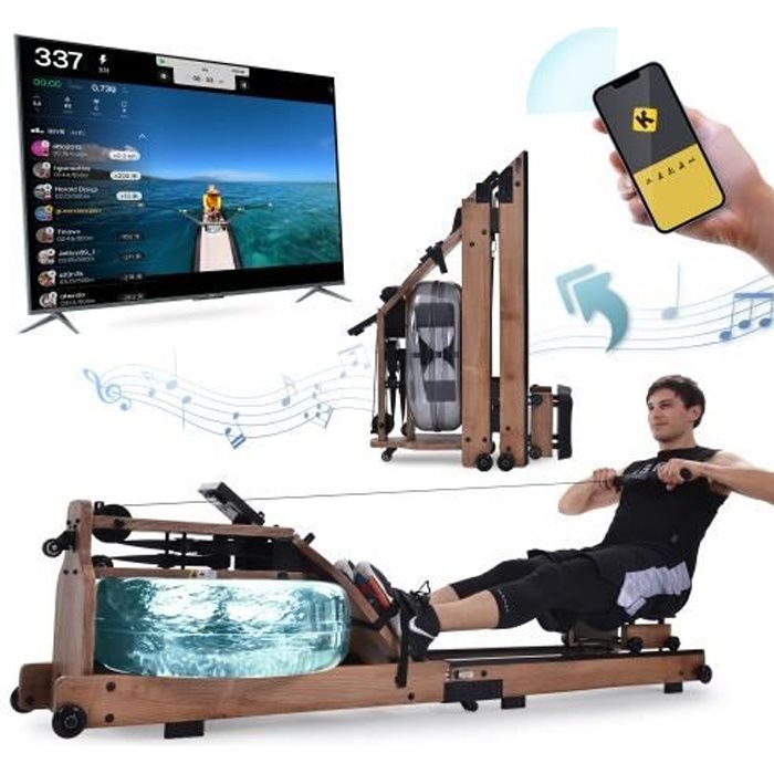 Rameur à Eau électrique - 100% Bois de frêne - Rameur Pliable pour Usage à Domicile - Ecran LCD + M