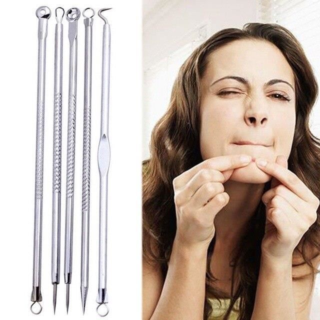 L1569 Nouveau 5 pièces en acier inoxydable bouton Blemish Comedone acné extracteur extracteur ensemble d'outils #1128 & A