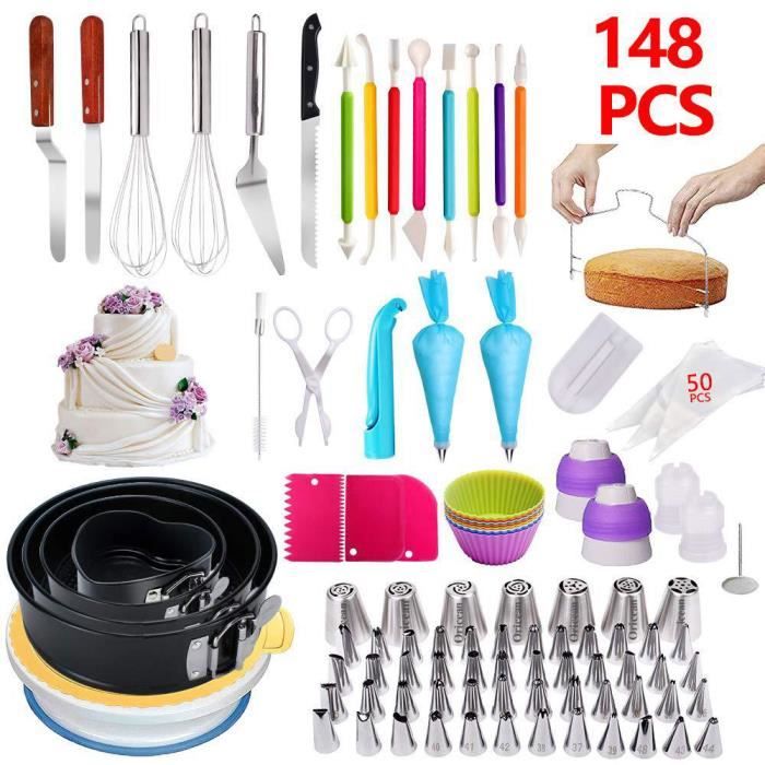 Oricean Kit Pâtisserie Moule à Gâteau Douille Pâtisserie 148 pcs avec Plateau Tournant de Gâteau Poche à Douille Spatule Seringue Mo