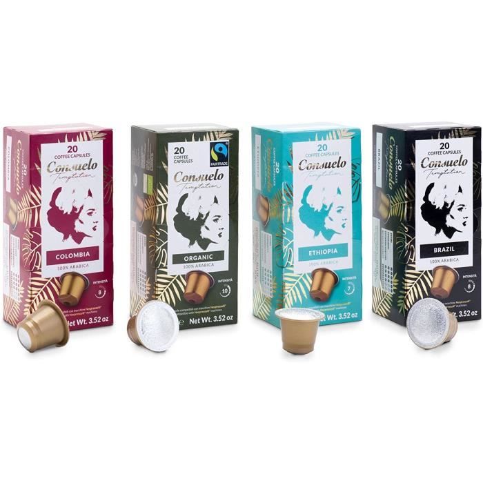 Lot de 80 capsules de café Consuelo de diverses sortes compatibles avec les machines Nespresso* (20 x 4 boîtes)
