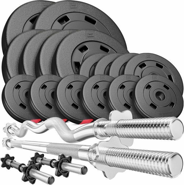 HS Hop-Sport Set PREMIUM de 75kg (1x barre 167cm + 1x barre curl 120cm + 2x barres 45cm/ 2x10kg + 4x5kg + 4x2,5kg + 6x1,25kg)