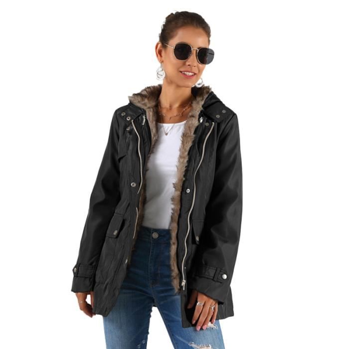Manteau d'hiver mi-long Épaissir Garder au chaud Veste souple Doublure amovible coupe-vent Femme Dames à capuche ROUGE A LEVRES