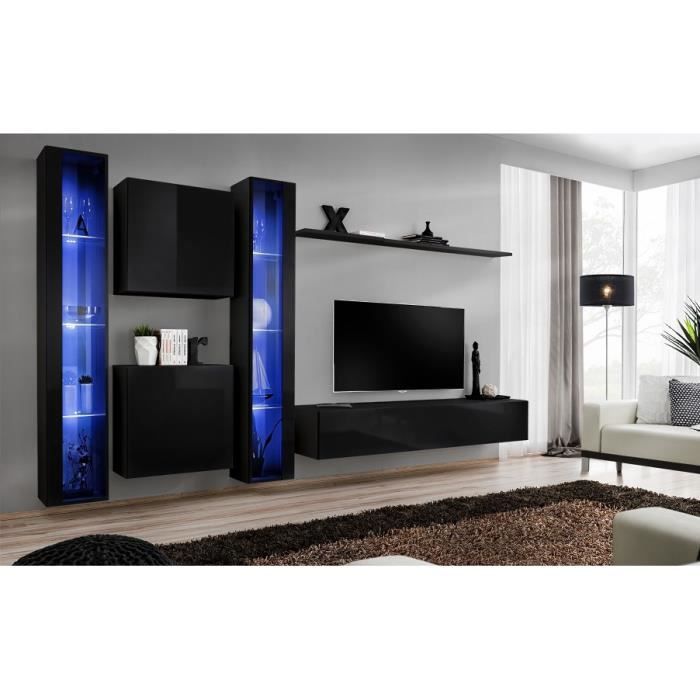 Ensemble meuble salon mural SWITCH XVI design, coloris noir brillant. 40 Noir