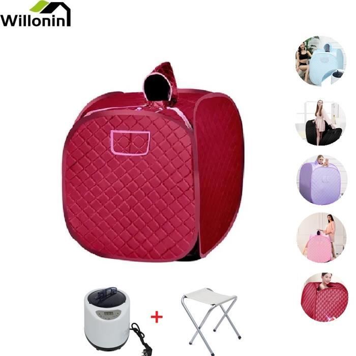 Willonin® Cabine de Sauna Portable à Vapeur, Capacité 2.5L avec Télécommande et tabouret, Sauna gonflable avec cache-tête, Bordeaux