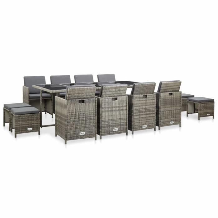 PET Mobilier à dîner de jardin 13pcs et coussin Résine tressée Gris