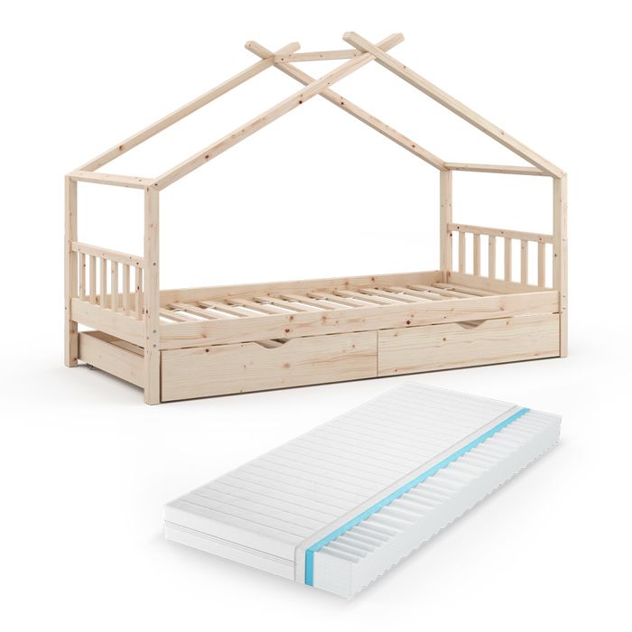 Lit cabane Design 90x200 cm avec lit dappoint et matelas Naturel bois Vitalispa 36236 Lit cabane Design 90x200 cm avec lit dappoint et matelas Naturel bois Vitalispa 36236