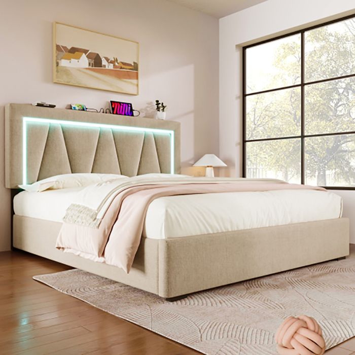 Lit adulte Lit coffre lit double LED avec fonction de chargement USB Type C et éclairage LED lits de rangementm 140x200 Beige Lit adulte Lit coffre lit double LED avec fonction de chargement USB Type C et éclairage LED lits de rangementm 140x200 Beige