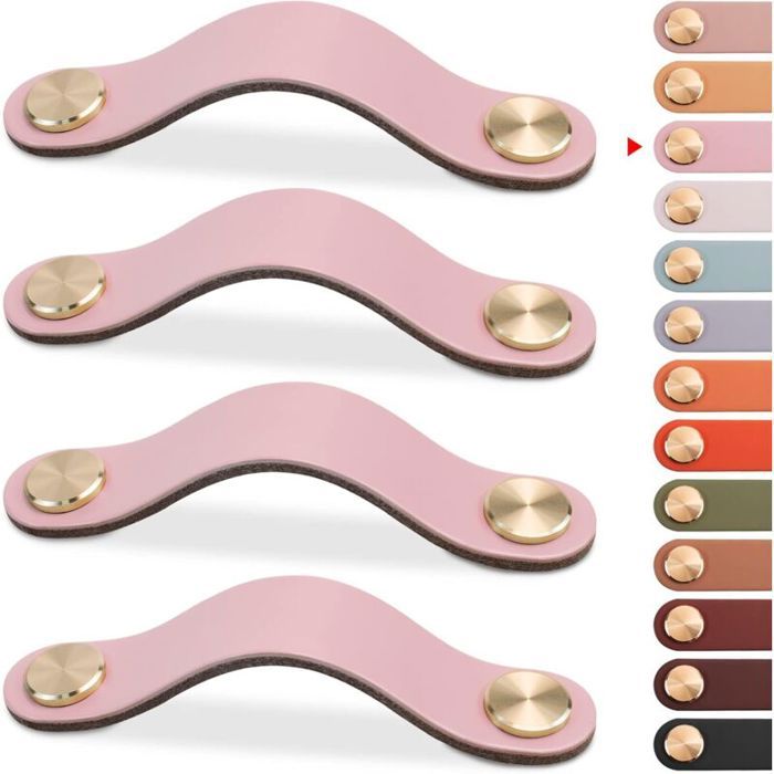 Poignée de meuble - LARGEIGHT - Vintage - Cuir de vache - Rose - 96 mm - Lot de 4