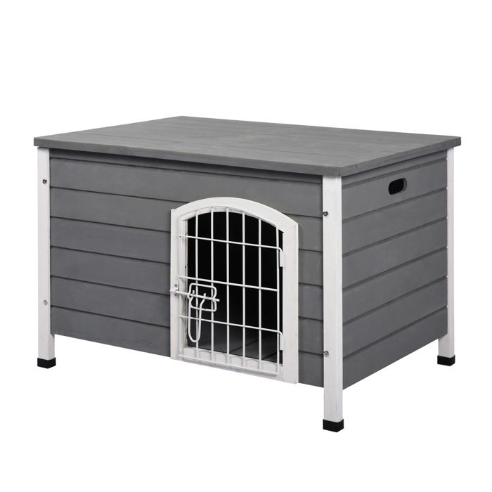 Comparer les prix de Niche chien - PawHut - sur pied - toit ouvrant - porte grillagée verrouillable - métal blanc et gris