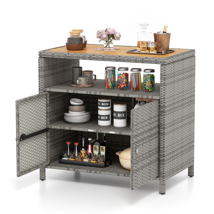 COSTWAY Coffre de Rangement en Rotin avec Plateau en Acacia 2 Portes Armoire de Jardin en Osier pour Piscine Terrasse Patio Gris