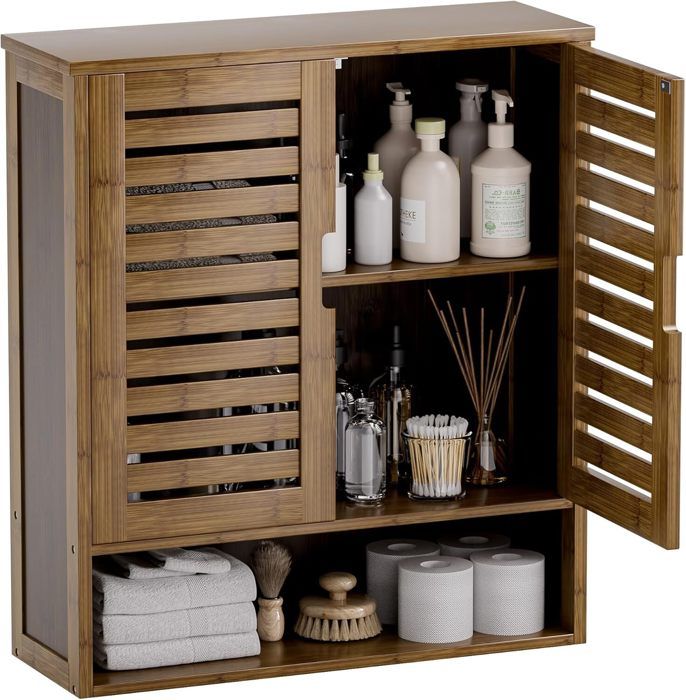 Armoire Murale Salle De Bain Avec Miroir LED Et Prises - Rangement Bambou Design 90 Cm