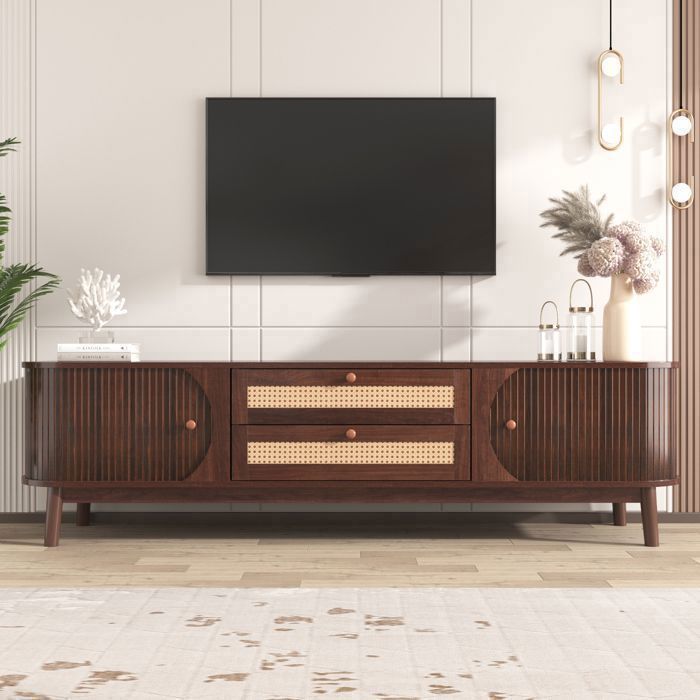 Meuble TV - Noyer Vintage - Bois - 2 Tiroirs - Portes Coulissantes en Rotin - Meuble de Salon - 170 x 39 5 x 46 cm Meuble TV - Noyer Vintage - Bois - 2 Tiroirs - Portes Coulissantes en Rotin - Meuble de Salon - 170 x 39 5 x 46 cm