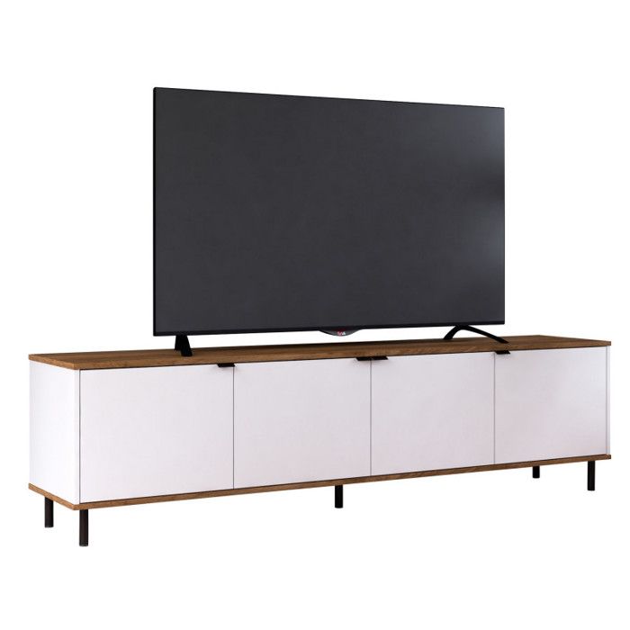 Meuble TV 80 pouces ACTUAL DIFFUSION - 4 portes 4 niches blanc & imitation châtaignier 183 x 38 x 49 cm Meuble TV 80 pouces ACTUAL DIFFUSION - 4 portes 4 niches blanc & imitation châtaignier 183 x 38 x 49 cm
