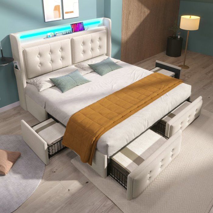 Lit 2 places - LANGTU - AB20965556B - 180x200 cm - Tête de lit LED multicolore - 4 tiroirs de rangement