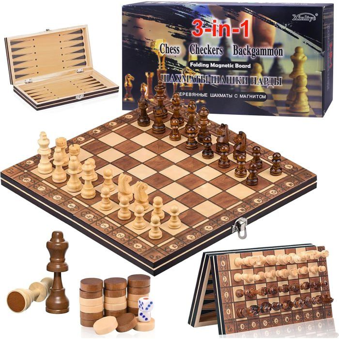 Échiquier Magnétique 3-en-1 En Bois – Jeu De Dames Et Échecs – Pliable – Voyage Enfants Adultes (39×39 Cm)
