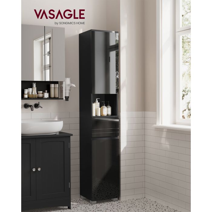 Armoire de Salle de Bain avec Tiroir Étagères Réglables Compartiments 30 x 30 x 170 cm Noir dEncre Armoire de Salle de Bain avec Tiroir Étagères Réglables Compartiments 30 x 30 x 170 cm Noir dEncre