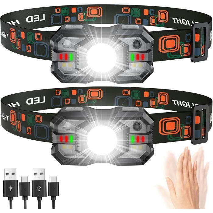 Lampe frontale LED (lot de 2), 2000 lumens, batterie intégrée, 6 modes d'éclairage réglables Lampe frontale LED (lot de 2), 2000 lumens, batterie intégrée, 6 modes d'éclairage réglables