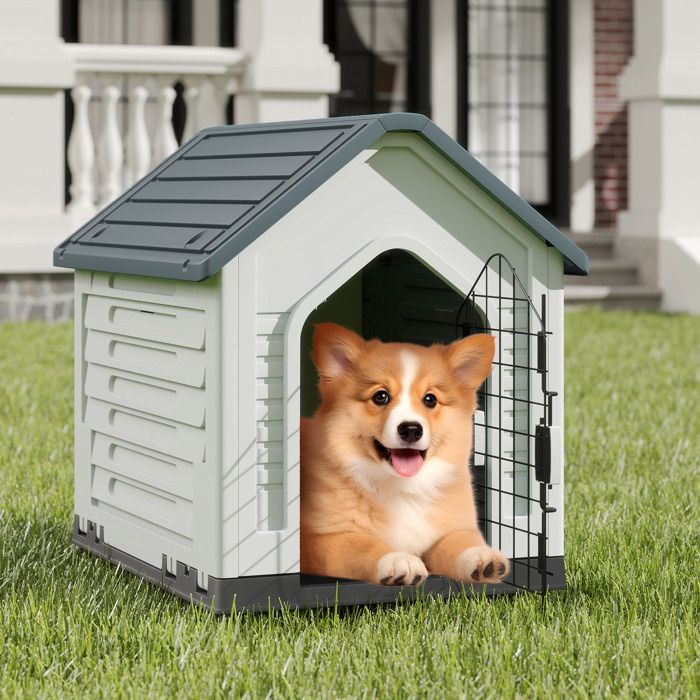 Maison pour Animaux COSTWAY Porte Verrouillable Abri pour Chien avec Aérations et Toit Incliné pour Intérieur Extérieur Gris Maison pour Animaux COSTWAY Porte Verrouillable Abri pour Chien avec Aérations et Toit Incliné pour Intérieur Extérieur Gris