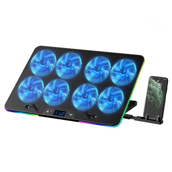 Refroidisseur pour ordinateur portable éclairage RVB 8 cœurs hauteur réglable USB pour 12 à 17 pouces noir
