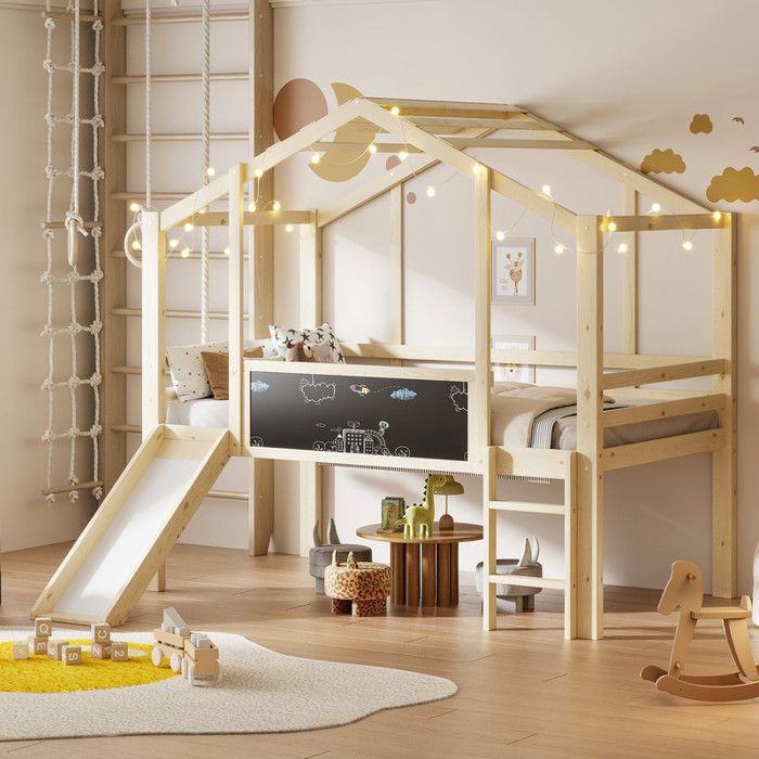 Lit mezzanine enfant 90x200 cm - Avec échelle de sécurité - Tboggan de sécurité - Tableau à dessin - Naturel (matelas non inclus)