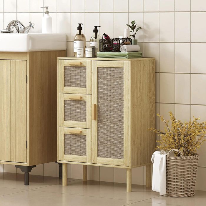 Armoire bohème 3 tiroirs et 3 étagères avec façade rotin 55 x 30 x 82 cm Armoire bohème 3 tiroirs et 3 étagères avec façade rotin 55 x 30 x 82 cm