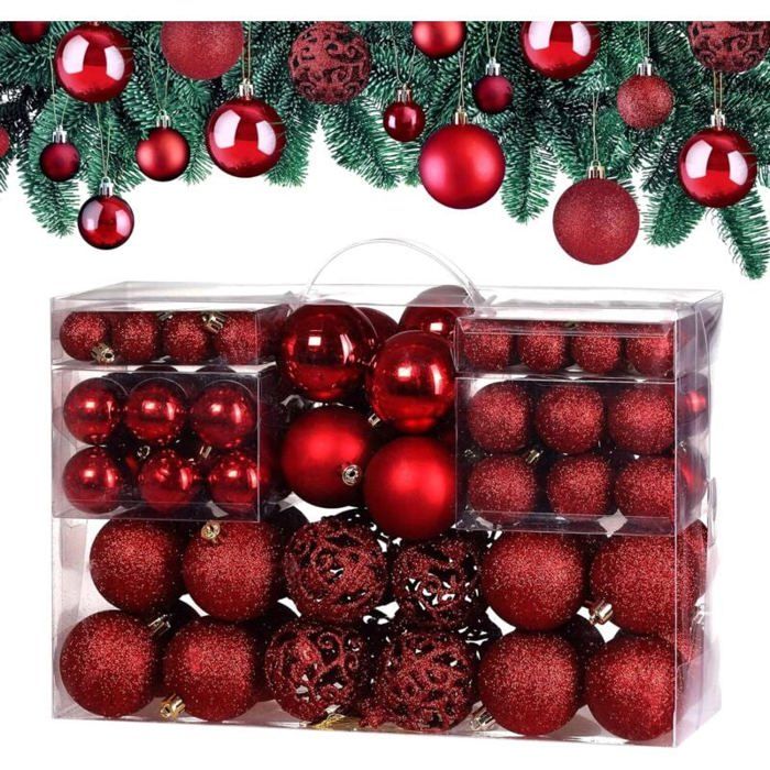 Lot De 65 Boules De Noël Incassables – Plastique, Motifs Variés, Rouge Et Blanc, Pour Sapin Intérieur Et Extérieur