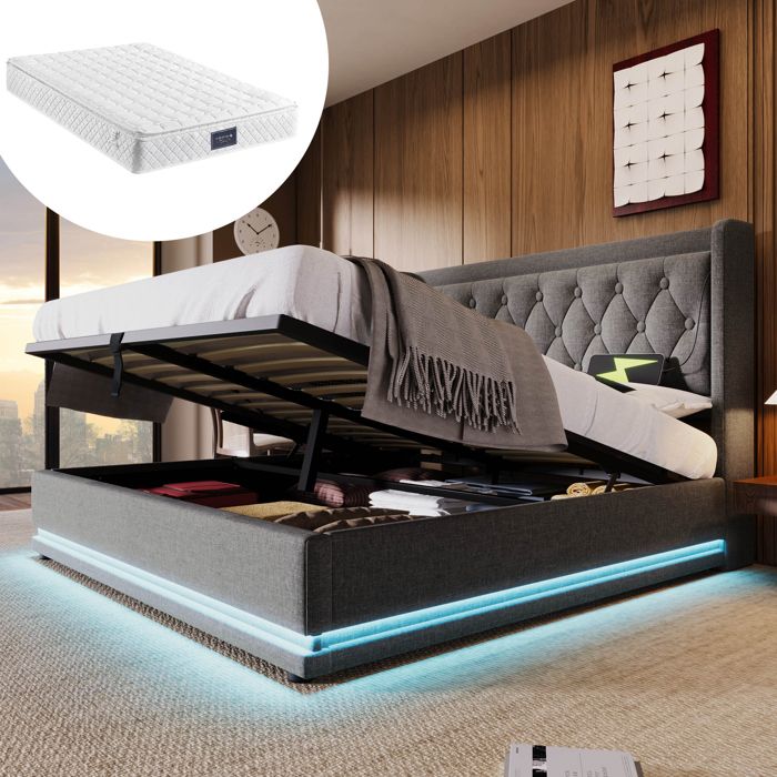 Lit double rembourré - 160x200 cm - Gris - USB Type-C - LED intégrée - Rangement pratique