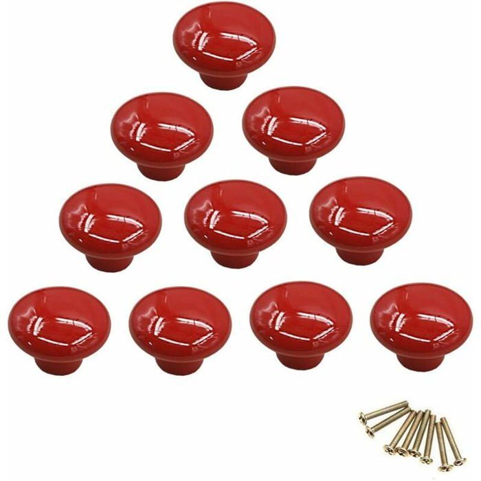 Poignées et boutons de tiroir - PZCC - Lot de 10 - Rouge brillant - Céramique - Vis 25 mm incluses