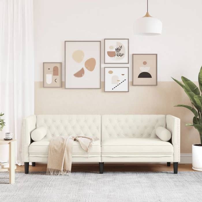 Canapé chesterfield avec traversins 3 places JILI Sofa de salon pour adulte/enfant crème velours 194x74.5x70.5 cm JJ889