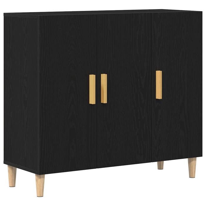 Buffet Chêne noir - GKO - 90x34x80 cm - Bois dingénierie - 3 portes - 180 kg max - Assemblage requis - Pieds coniques