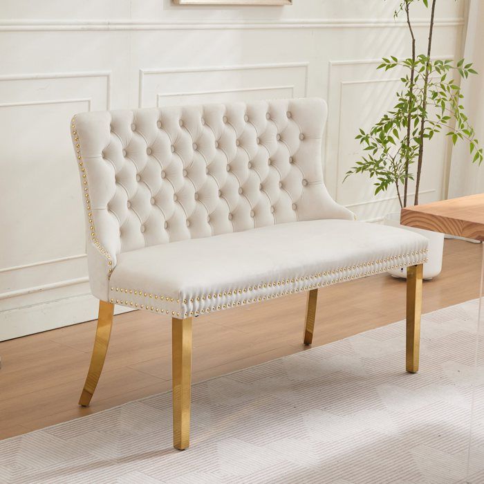 Banc 2 Places Chaises de Salle à Manger Double Style Moderne Pieds en Acier Plaqué Or Dossier à Oreilles Beige
