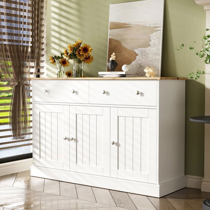 MERAX Buffet de Salon - Blanc et Effet Bois - 3 Portes - 2 Tiroirs pour Salon Cuisine - 120 x 36 x 80 5 cm - Meuble de Rangement MERAX Buffet de Salon - Blanc et Effet Bois - 3 Portes - 2 Tiroirs pour Salon Cuisine - 120 x 36 x 80 5 cm - Meuble de Rangement
