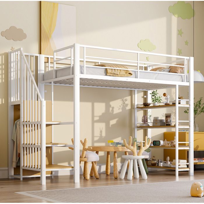 Lit mezzanine enfant 90x200 cm en métal blanc. avec escalier rangement. petit dressing. étagères. barrière de sécurité
