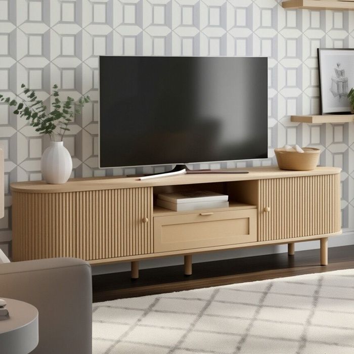 Meuble TV 175x36x51cm - Design Arrondi & Lattes - Tiroir en Rotin - Pieds Métal Effet Bois - Boho Chic - Couleur Naturelle