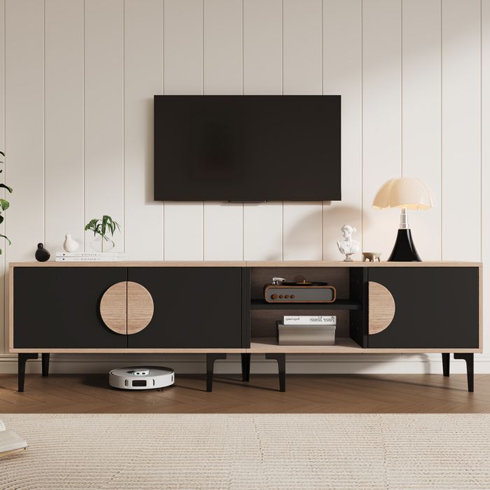 Meuble TV 180 cm Bois et Noir avec 3 Portes et Niches Ouvertes Design Rond Moderne pour Téléviseur 80 Pouces Meuble TV 180 cm Bois et Noir avec 3 Portes et Niches Ouvertes Design Rond Moderne pour Téléviseur 80 Pouces