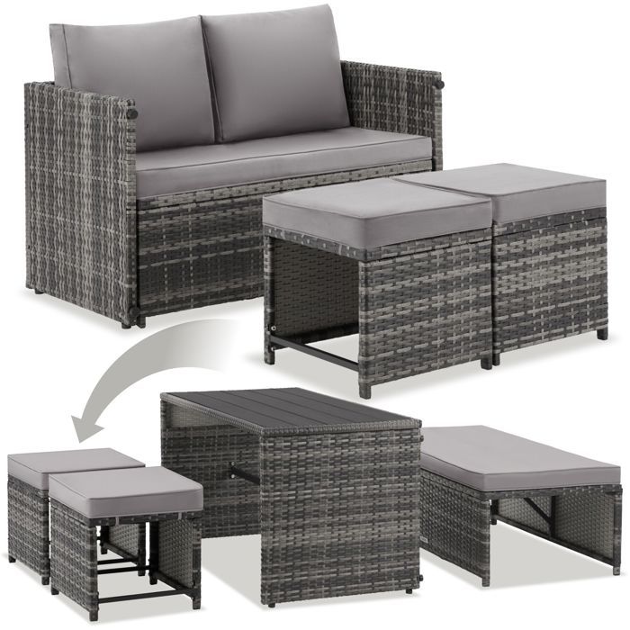 Ensemble lounge - TECTAKE - Salon en rotin 2 en 1 MONOPOLI canapé et table-chaise 4 personnes housses amovibles - Gris