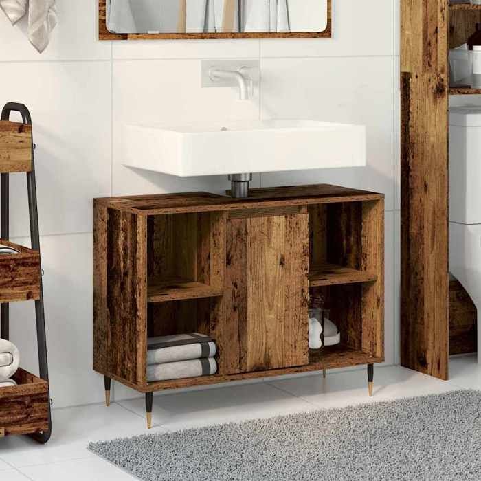 Meuble WC Marron - Cabinet de salle de bain - avec porte Bois Ancien 80x33x60 cm A1487